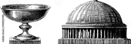 Engraved illustration of pantheon dome and decorative tor for design and art projects