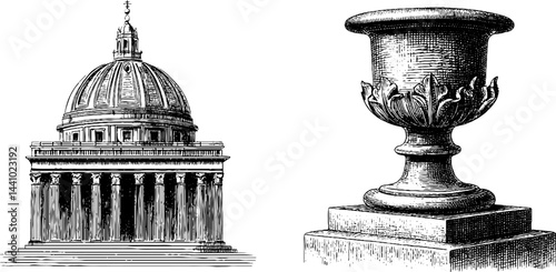 Architectural illustration of pantheon dome and classical tor for historical design projects