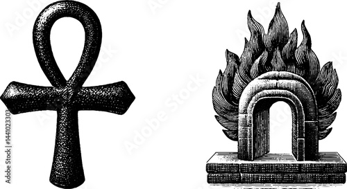 Engraved ankh key and ornate door illustration set for spiritual design
