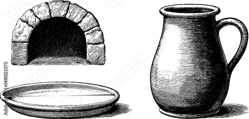Engraved illustration of pottery jug clay plate and stone oven for art and design
