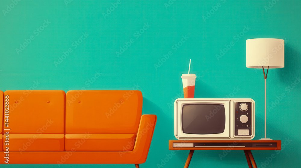 Fototapeta premium Orange sofa with television and lamp on table near wall