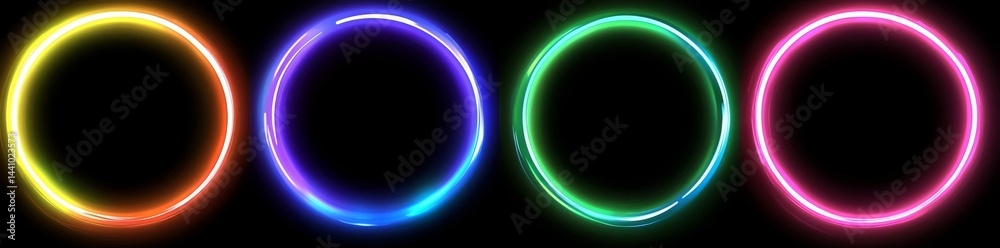 Obraz premium Modern illustration features colorful neon light rectangles on a transparent background, with realistic depictions of frames floating in clouds of smoke, a magical gate aglow in the dark vastness of