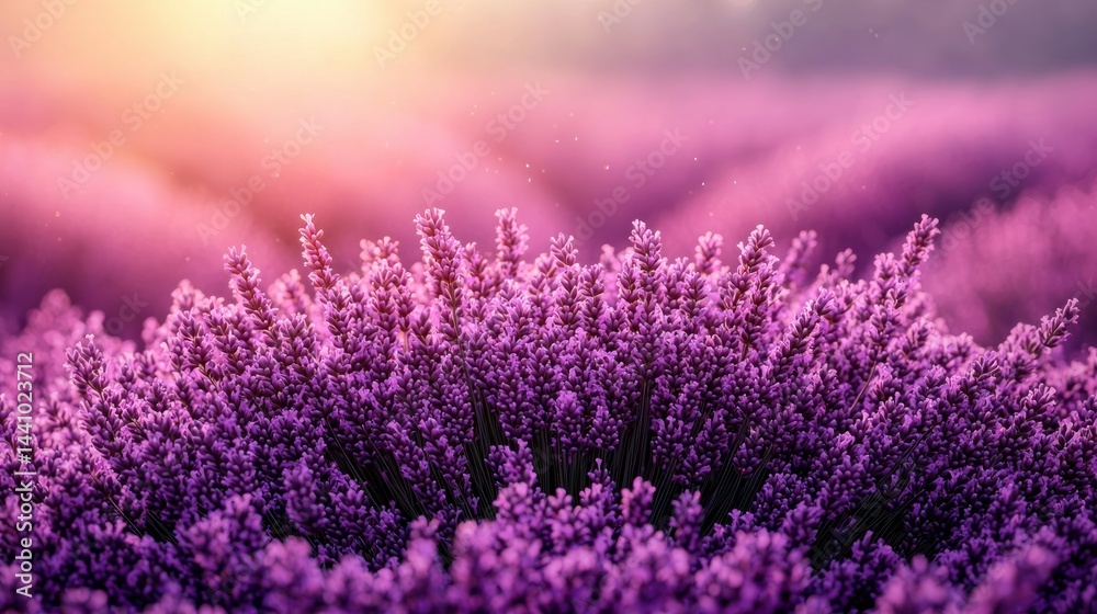 Fototapeta premium Purple lavender field blooms under warm sunset light