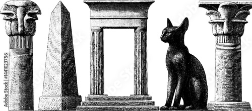 Ancient egyptian symbols and architecture featuring bastet cat and sistrum