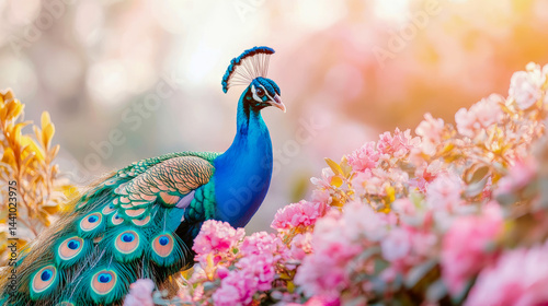 A regal peacock amidst vibrant flora