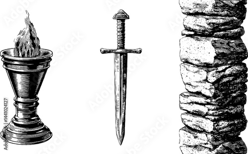Medieval torch, sword, and stone column engraved art for historical design