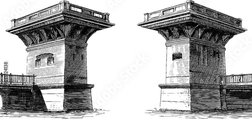 Vintage engraving of a historic drawbridge with intricate architectural details
