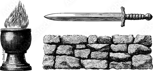 Engraved medieval set with torch, sword, and stone wall for historical design