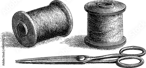Vintage sewing tools engraving featuring needle and spools set for crafting projects