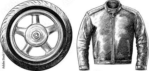 Detailed engraved illustration of motorcycle wheel and leather jacket for design use