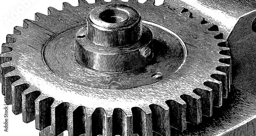 Engraved illustration of vintage gear wheel mechanism in black and white