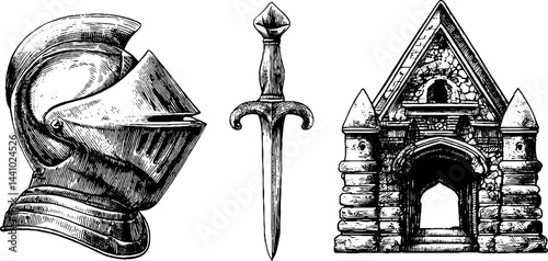 Engraved medieval armour and architecture set for historical design