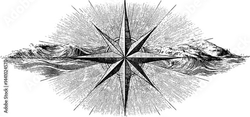 Vintage nautical compass rose with ocean waves engraving for map design