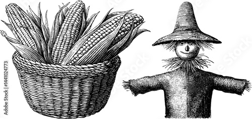 Vintage harvest compilation: engraved corn basket and scarecrow illustration for seasonal design