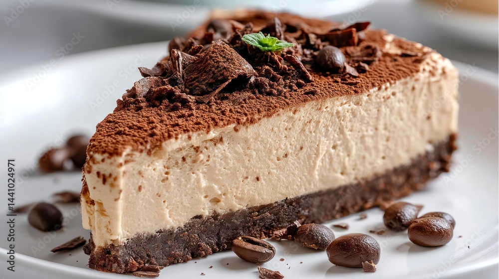 Serving Slice of Tiramisu Cake with Coffee Beans and Chocolate Shavings Serving Slice of Tiramisu Cake with Coffee Beans and Chocolate Shavings