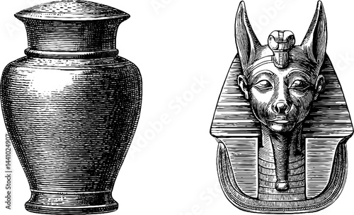 Engraved illustration of canopic jar and jackal-headed figure for historical design