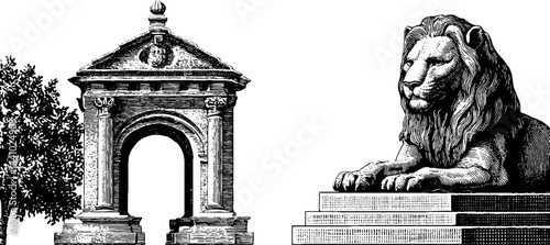 Engraved illustration of historic city gate and bronze lion sculpture