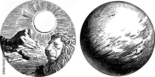 Engraved illustration of solar symbol with lion and mercury sign in nature landscape artwork