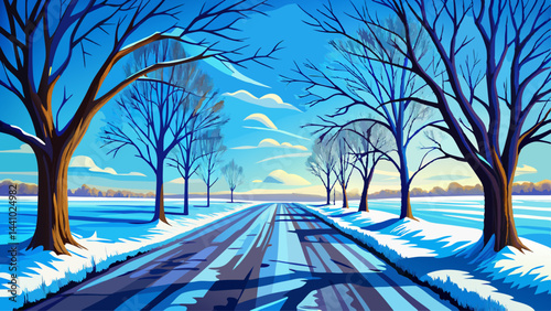 Bare trees line the old country road in stillness.
The frozen earth crunches under invisible footsteps.
Brilliant blue skies offer a striking contrast.
A serene winter day, frozen in timeless beauty.
