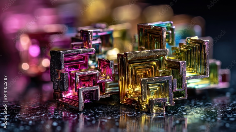 Stacked bismuth crystals displaying vibrant colors in a close-up view with intricate details