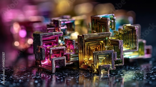Obraz na płótnie Stacked bismuth crystals displaying vibrant colors in a close-up view with intricate details w salonie