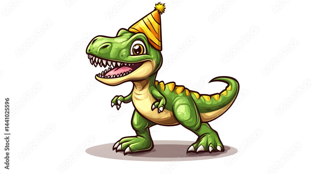 Fototapeta premium A cheerful dinosaur wearing a party hat perfect for fun and festive designs