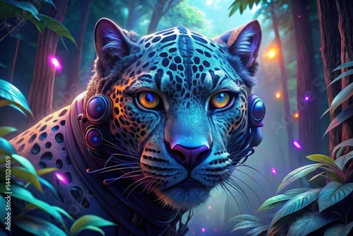 A colorful cybernetic leopard gazes thoughtfully in a mystical forest during twilight surrounded by glowing flora Generative AI