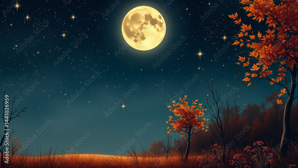 Naklejka premium Full Moon Night Landscape: Autumn Trees, Starry Sky, Golden Field - Serene Nature Scene, Peaceful Evening, Atmospheric Wallpaper, Tranquil Scenery