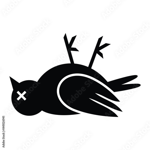 Dead bird vector icon. Symbol of pollution, environmental danger and mass extinction. Black silhouette isolated on white background.