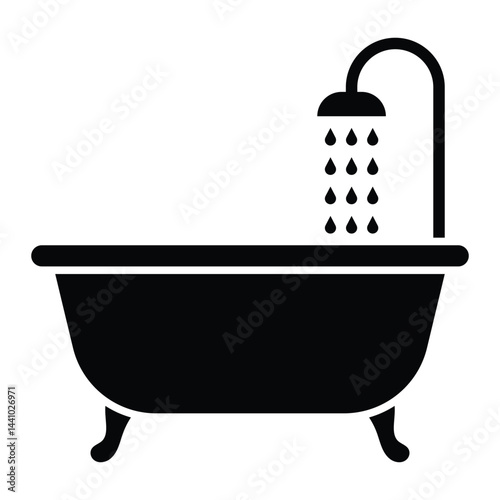 Bathtub with shower vector icon. Bathroom hygiene and plumbing symbol. Black silhouette isolated on white background.