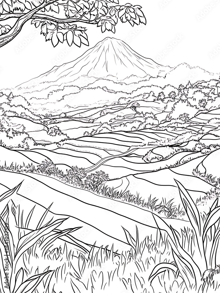 Volcano Rice Terraces Line Art. Volcano Rice Terraces Line Art.