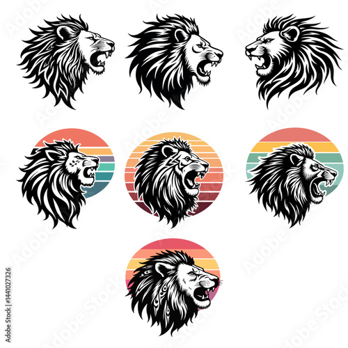 This vector illustration set features a wild animal lion head, suitable for a tribal tattoo or a mascot logo design