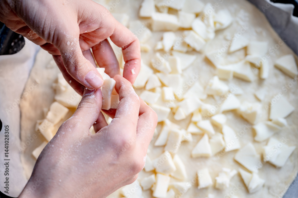 Close-up scene of female hands. Adding a mixture of three cheeses - mozzarella, parmesan and gorgonzola to the dough on the kitchen countertop. Making homemade pizza with three types of cheese - femal