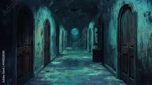 Long, empty hallway in a magic school, old wooden doors on either side, faint moonlight filtering in, anime style, nighttime
