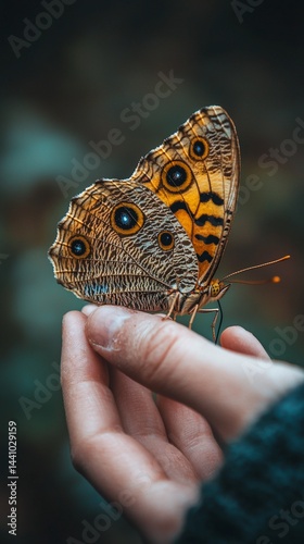 A delicate butterfly rests gently on a hand photo