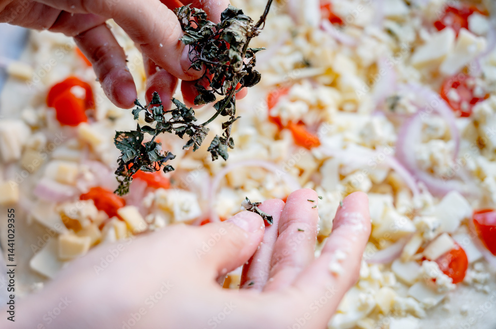 Close-up scene of female hands. Adding dried basil to dough on kitchen countertop. Making homemade pizza with three types of cheese – female hands in action.