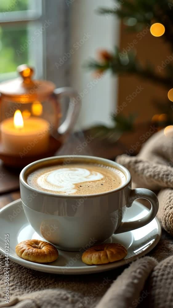 Steaming coffee in a saucer with two cookies, a lit candle, and soft fabric creates a warm, inviting atmosphere with twinkling christmas lights in the background Steaming coffee in a saucer with two cookies, a lit candle, and soft fabric creates a warm, inviting atmosphere with twinkling christmas lights in the background