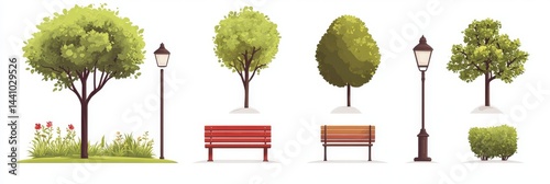 City public park elements, such as lush green trees with brown trunks, bushes, street lamp post, wooden bench, and red trash bin, combined with nature objects and furniture to create an urban