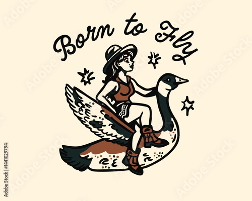 Adobe Illustrator Artwork of a woman riding a Canadian goose