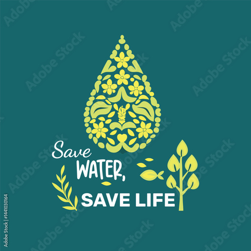 Save Water Save Life Quote – Drop Leaf Design Vector