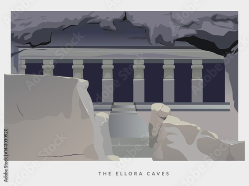 The Ellora Caves  - A UNESCO World Heritage Site in Maharashtra, India - Stock Illustration