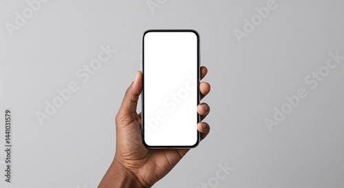 Close-up of dark-skinned hand holding smartphone with blank screen mockup, isolated on gray background with copy space for mobile app or digital product ad