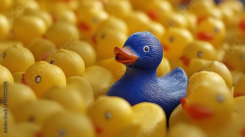 Blue toy duck among yellow ones highlights individuality and uniqueness  
 photo