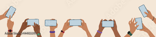 Hands holding mobile phones with empty blank screen. People using smartphone, scrolling, tapping, touching fingers, taking photos. Hand drawn vector illustration, modern flat cartoon style.