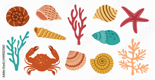 Set of seabed dwellers. Crab, starfish, seashells, mollusks, snails, corals. Hand drawn vector illustration isolated on white background, modern flat cartoon style.