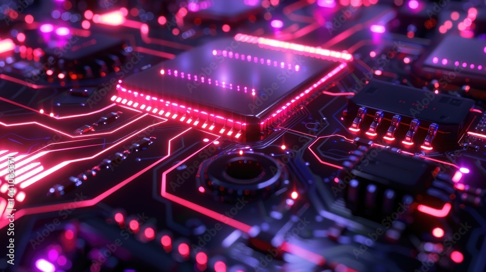 Obraz premium Close up of a circuit board with neon lights. Macro photography of motherboard or microchip or electrical circuit with gradient pink and purple glowing neon light. Digital artwork for design. AIG53.
