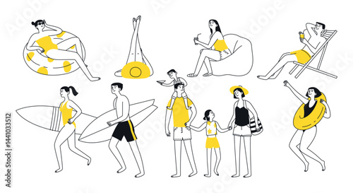 Doodle set summer vibe. People, woman, man, child, vacation, sea. Vector isolated illustration