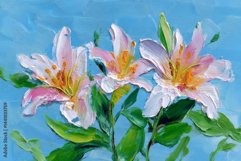 Three elegant lilies in soft pink and white hues against a vibrant blue backdrop. The painting style is impasto, with thick brushstrokes creating texture and depth. Three elegant lilies in soft pink and white hues against a vibrant blue backdrop. The painting style is impasto, with thick brushstrokes creating texture and depth.