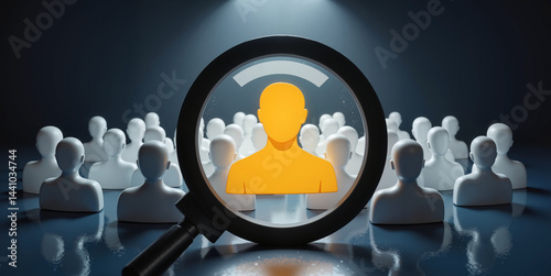 Human figure highlighted under magnifying glass in a crowd  