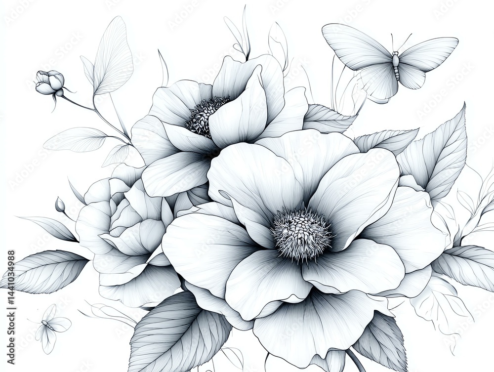 Fototapeta premium Elegant black and white illustration of blooming flowers, showcasing delicate petals and intricate details.
